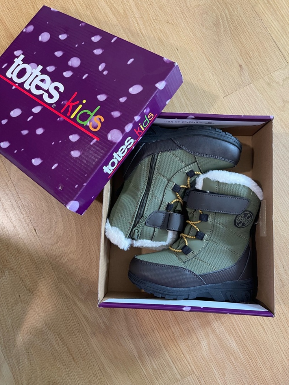 totes Kids Olive Green and Brown Cozy Winter Boots with Faux Fur Trim